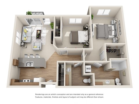Floor plan for 2 beds, 1.5 baths, 991 sqft
